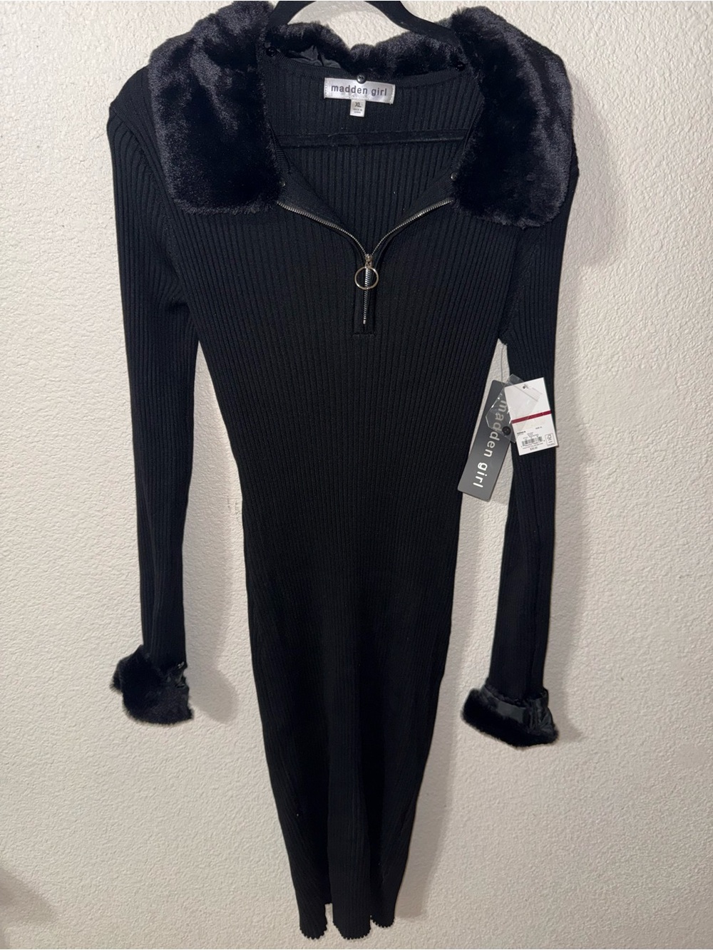 Madden Girl Black Ribbed Long-Sleeve Dress with Faux-Fur Trim